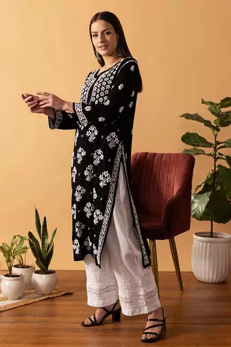 Hand Embroidered Black Modal Lucknowi Chikankari Indian Women Straight Kurta