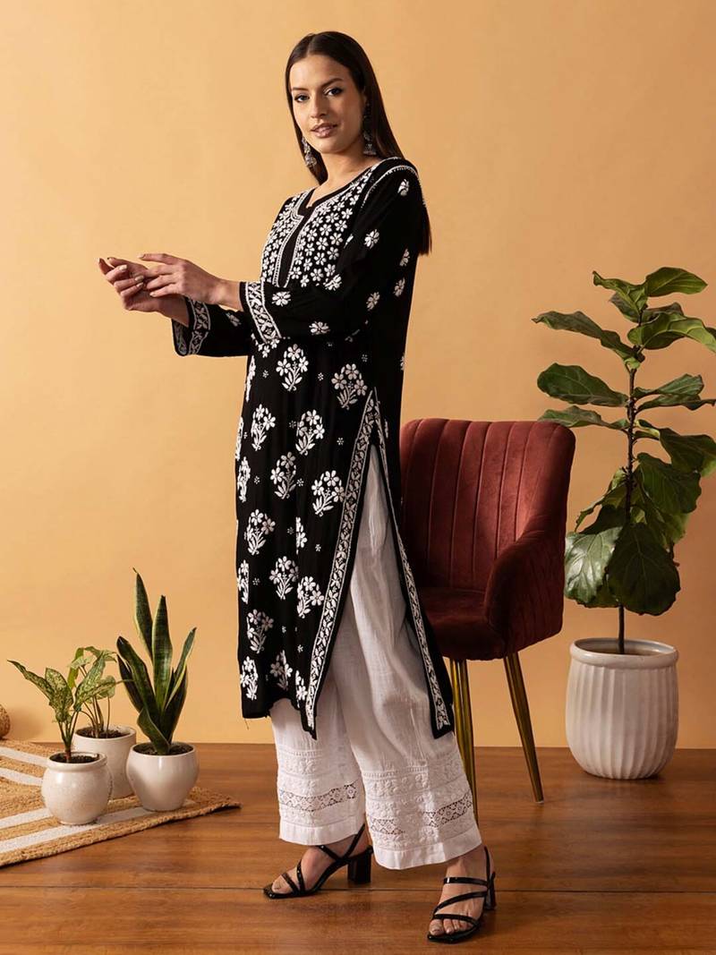 Hand Embroidered Black Modal Lucknowi Chikankari Indian Women Straight Kurta