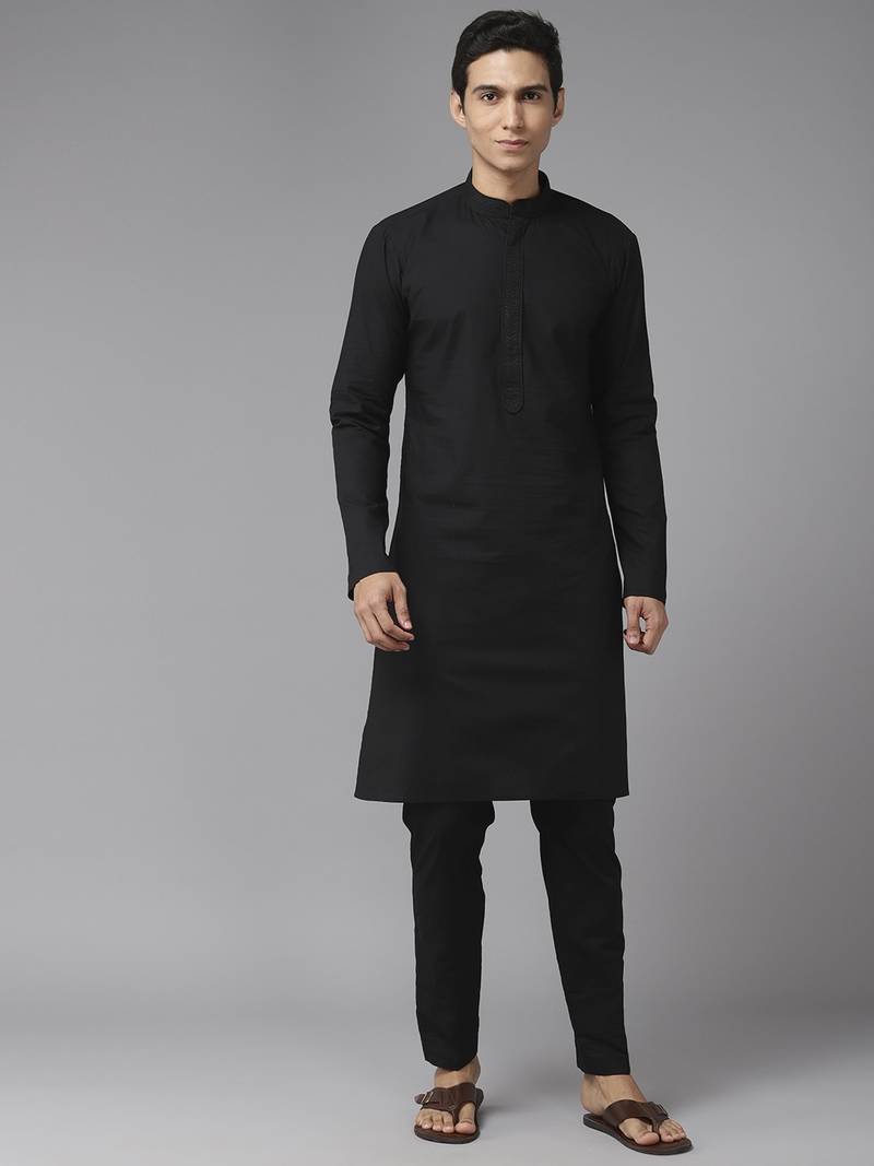 Men Black Pure Cotton Embroidered Staright Kurta With Pajama SEE