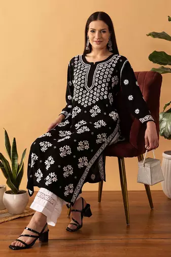 Hand Embroidered Black Modal Lucknowi Chikankari Indian Women Straight Kurta