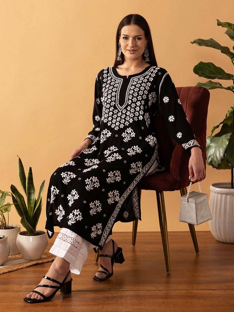 Hand Embroidered Black Modal Lucknowi Chikankari Indian Women Straight Kurta
