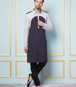 Men Navy Blue and Silver Solid Kurta With Pajama