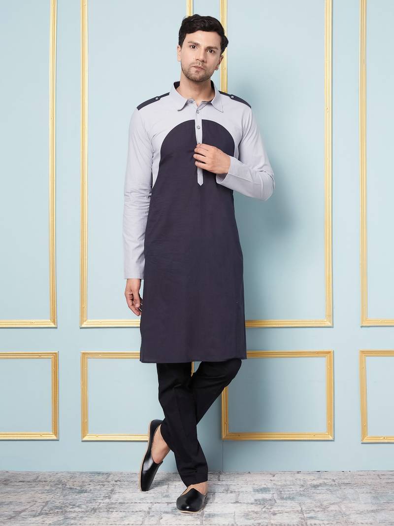 Men Navy Blue and Silver Solid Kurta With Pajama