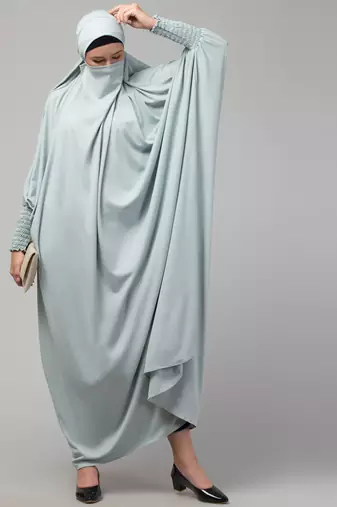 Nazneen Smoking Sleeve Tie at Back Ready To Wear Instant Full Size knits JiIbab/Naqab Hijab for namaaz hajj and umrah
