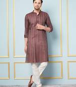 Men Coffee & Gold Woven Design Thread Work Kurta With Pajama With Pajama