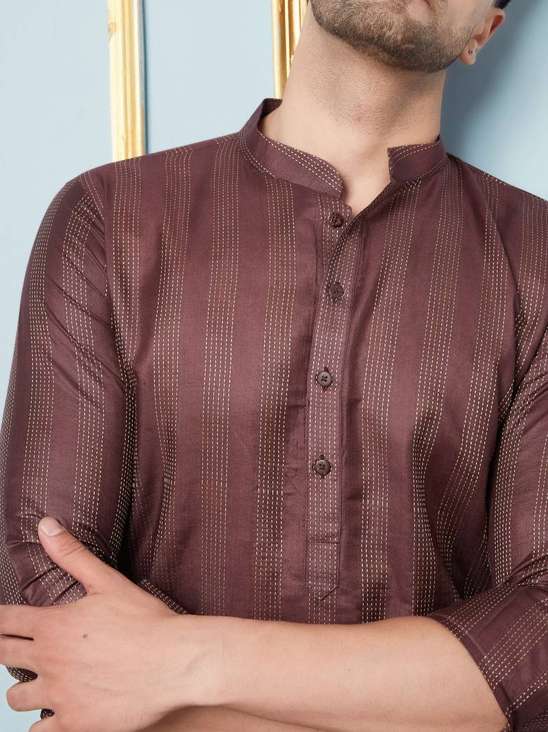 Men Coffee & Gold Woven Design Thread Work Kurta With Pajama With Pajama