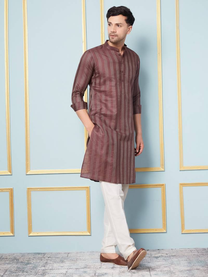 Men Coffee & Gold Woven Design Thread Work Kurta With Pajama With Pajama