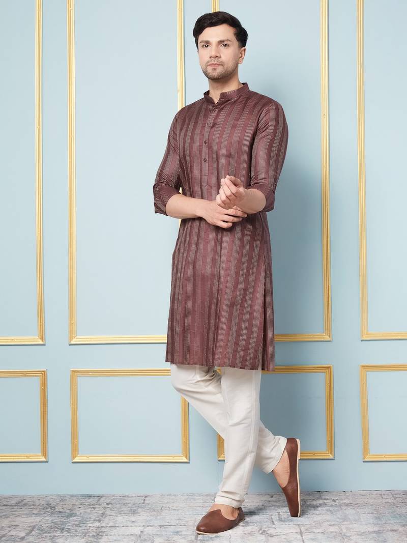 Men Coffee & Gold Woven Design Thread Work Kurta With Pajama With Pajama