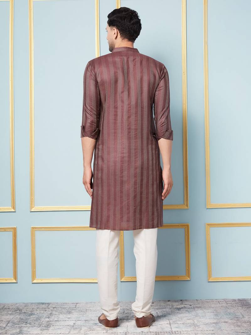 Men Coffee & Gold Woven Design Thread Work Kurta With Pajama With Pajama