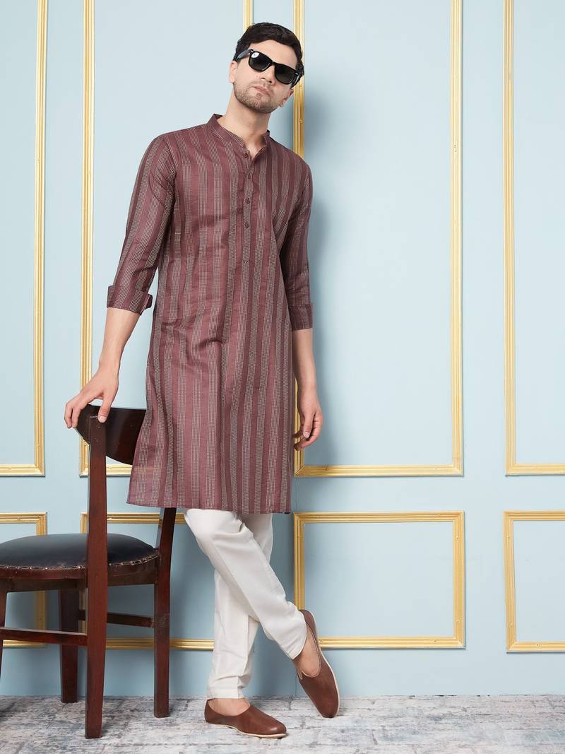 Men Coffee & Gold Woven Design Thread Work Kurta With Pajama With Pajama