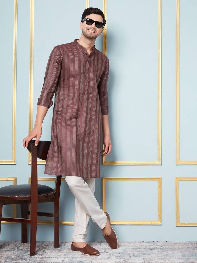 Men Coffee & Gold Woven Design Thread Work Kurta With Pajama With Pajama