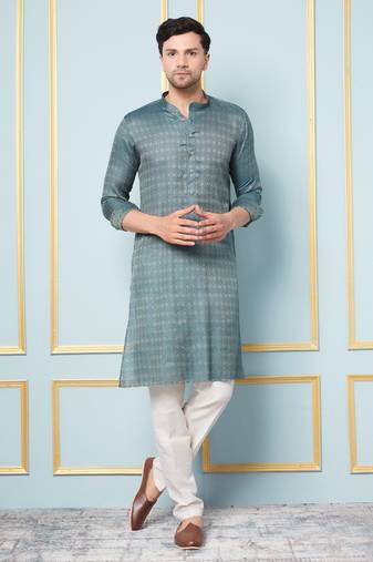Men Green & Gold Woven Design Thread Work Kurta With Pajama