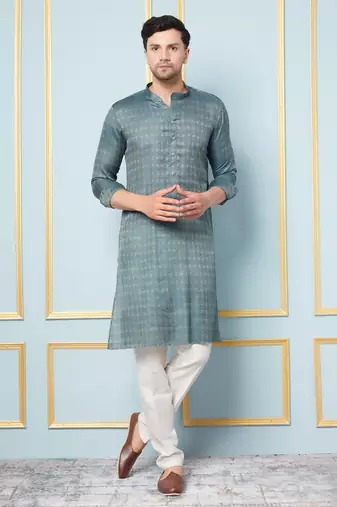 Men Green & Gold Woven Design Thread Work Kurta With Pajama