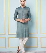 Men Green & Gold Woven Design Thread Work Kurta With Pajama