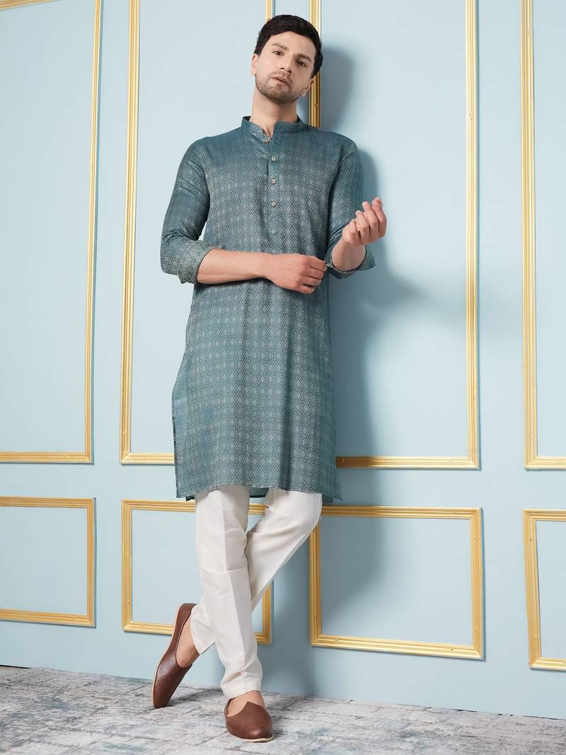 Men Green & Gold Woven Design Thread Work Kurta With Pajama