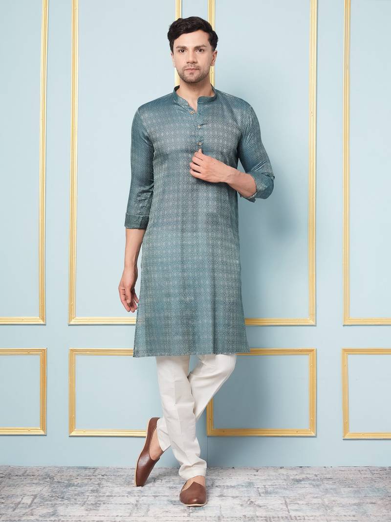 Men Green & Gold Woven Design Thread Work Kurta With Pajama