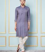 Men Navy Blue & Gold Woven Design Thread Work Kurta With Pajama