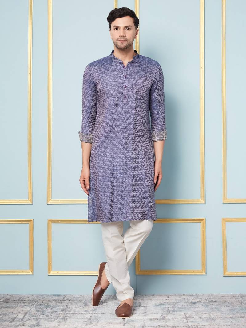 Men Navy Blue & Gold Woven Design Thread Work Kurta With Pajama