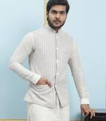 Men Off White Kurta Pajama And Cream Color Solid Khadi Nehru Jacket