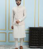 Men Off White Kurta Pajama And Cream Color Solid Khadi Nehru Jacket