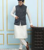 Men Off White Kurta Pajama And Black Color Solid Khadi Nehru Jacket