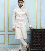 Men Off White Kurta Pajama And Cream Color Solid Khadi Nehru Jacket