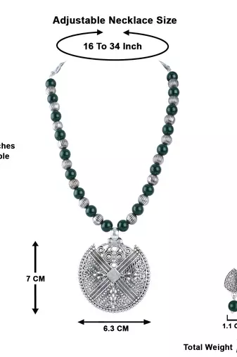 Fashionable silver plated oxidized german silver beaded necklaces set with adjustable thread for women and girls.(green)