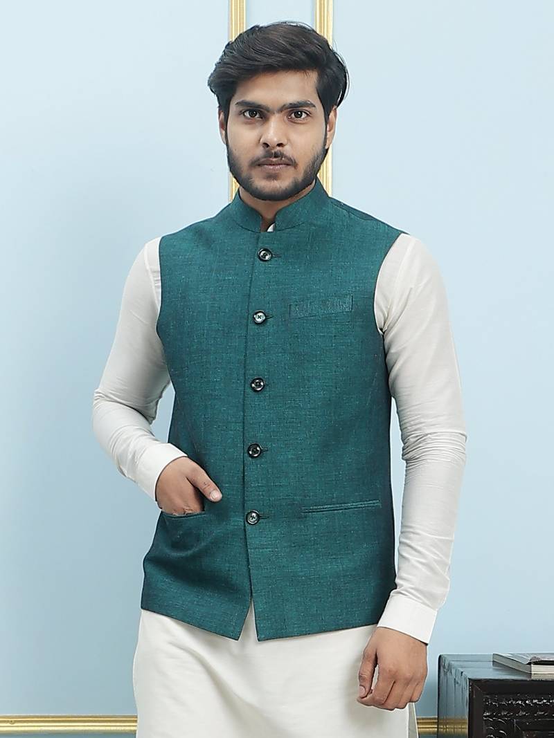 Men Off White Kurta Pajama And Green Color Solid Silk Woven Design