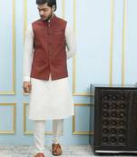 Men Off White Kurta Pajama And Maroon Color Solid Silk Woven Design Nehru Jacket