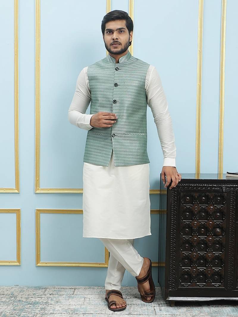 Men Off White Kurta Pajama And Green Color Solid Woven Design