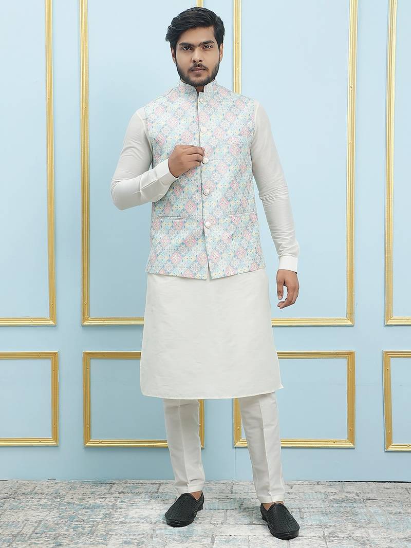 Men Off White Kurta Pajama And Multi Color Silk Sequence Woven