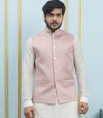 Men Off White Kurta Pajama And Nude And Gold Sequence Woven Design Nehru Jacket