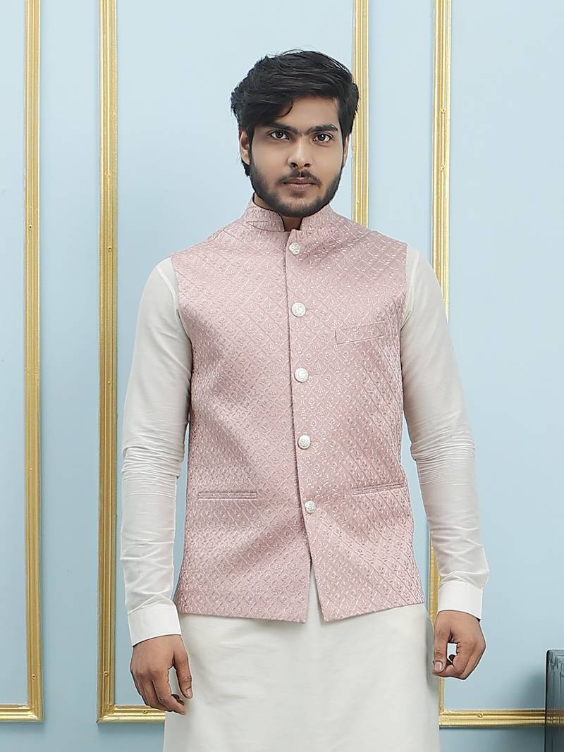 Men Off White Kurta Pajama And Nude And Gold Sequence Woven Design Nehru Jacket