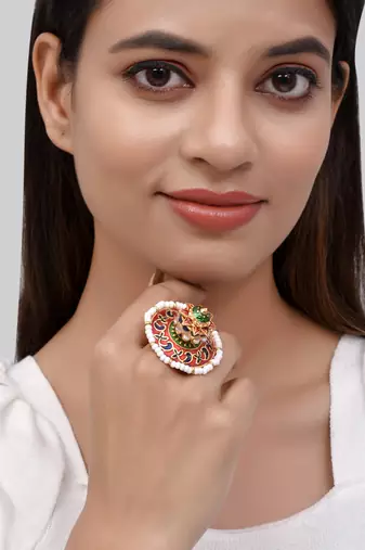 Traditional kundan meenakari adjustable finger ring