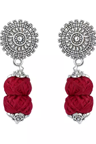 Fashionable silver plated oxidized german beaded necklaces set with adjustable thread for women and girls.(maroon)