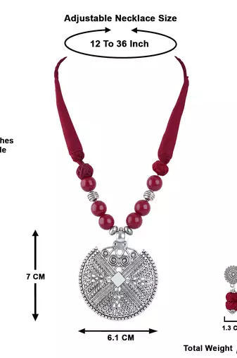 Fashionable silver plated oxidized german beaded necklaces set with adjustable thread for women and girls.(maroon)