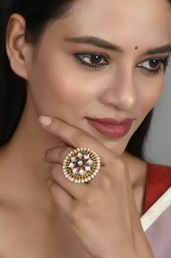 Set of 2 gold plated kundan ethnic engagement finger rings