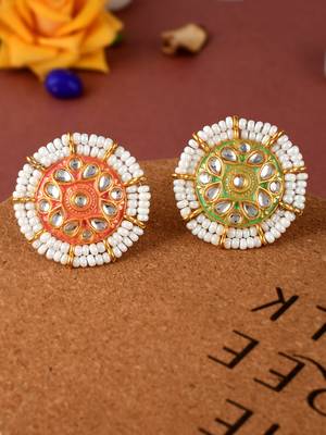 Set of 2 gold plated kundan pearl meenakari adjustable traditional finger rings 1