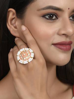 Set of 2 gold plated kundan pearl meenakari adjustable traditional finger rings 2