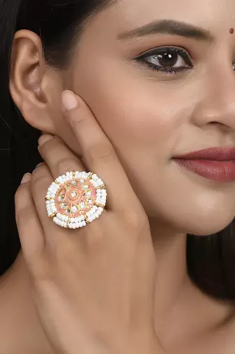 Set of 2 gold plated kundan pearl meenakari adjustable traditional finger rings