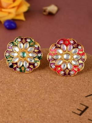 Set of 2 gold plated hand painted kundan engagement finger rings 1