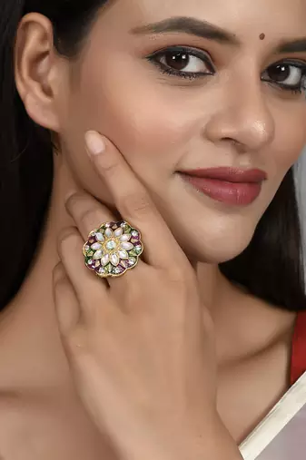 Set of 2 gold plated hand painted kundan engagement finger rings