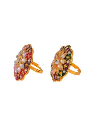 Set of 2 gold plated hand painted kundan engagement finger rings 4