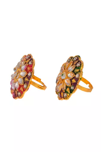 Set of 2 gold plated hand painted kundan engagement finger rings
