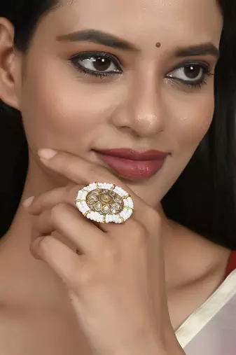 Set of 2 gold plated kundan meenakari finger rings for women
