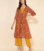 Janasya women's mustard moss solid crop top with pant and jacket