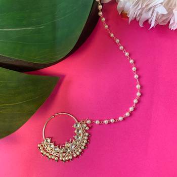 I Jewels Traditional Ethnic Bridal Nose Ring/Nath Without Piercing with Pearl Chain Encased with Pearl Stone 1