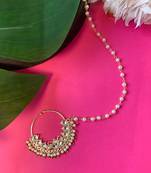 I Jewels Traditional Ethnic Bridal Nose Ring/Nath Without Piercing with Pearl Chain Encased with Pearl Stone