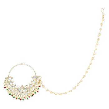 I Jewels Traditional Ethnic Bridal Nose Ring/Nath Without Piercing with Pearl Chain Encased with Pearl Stone 2