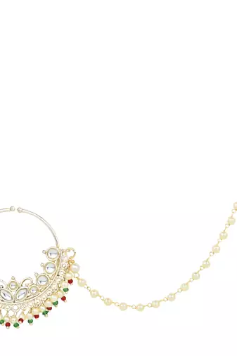 I Jewels Traditional Ethnic Bridal Nose Ring/Nath Without Piercing with Pearl Chain Encased with Pearl Stone